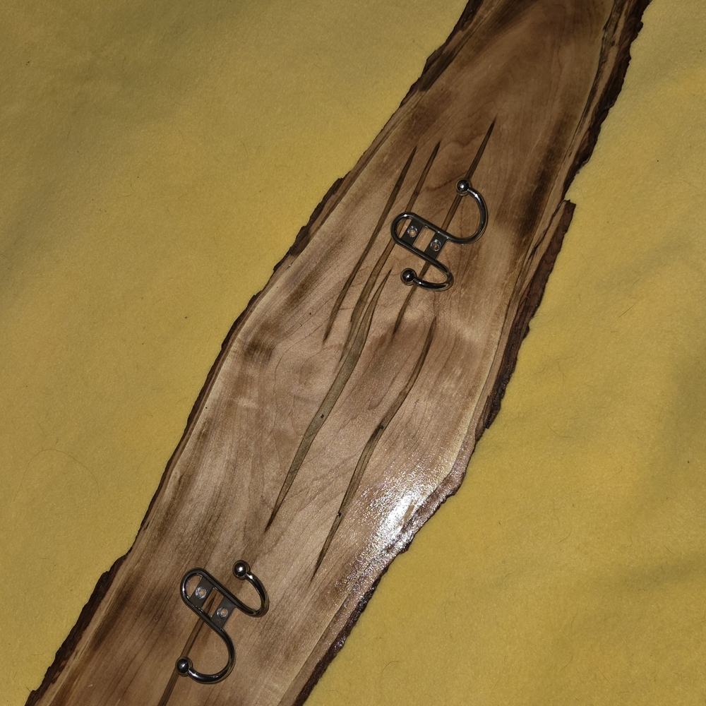 Natural/Rustic "Spalted•Maple" Wall-Mounted Coat Rack w/Metal Hooks.